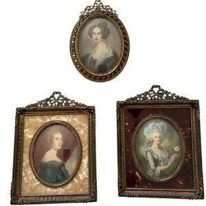 Set Of 3 19C French Miniature Portrait Paintings Artist Signed Gilt Frames
